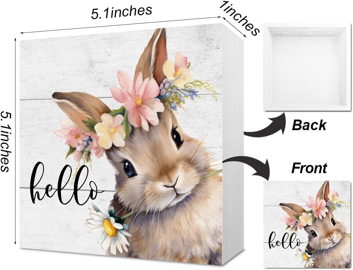 Rustic Spring Easter Decorations Bunny Rabbit Wreath Desk Decor Cute Hello Wood Box Sign Farmhouse Home Office Desk Shelf Cubicle Decor 5 X 5 Inch