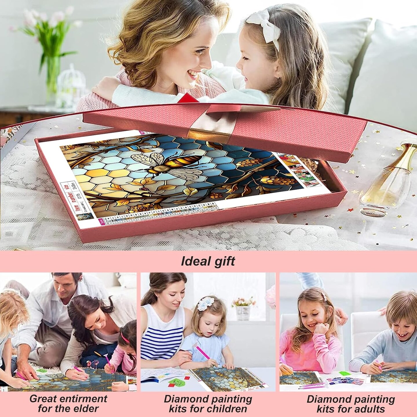 Stained Glass Bee 5D Diamond Painting Kit – Full Round Drill DIY Diamond Art for Adults & Beginners, 12×12 Inch Home Wall Decoration Gift