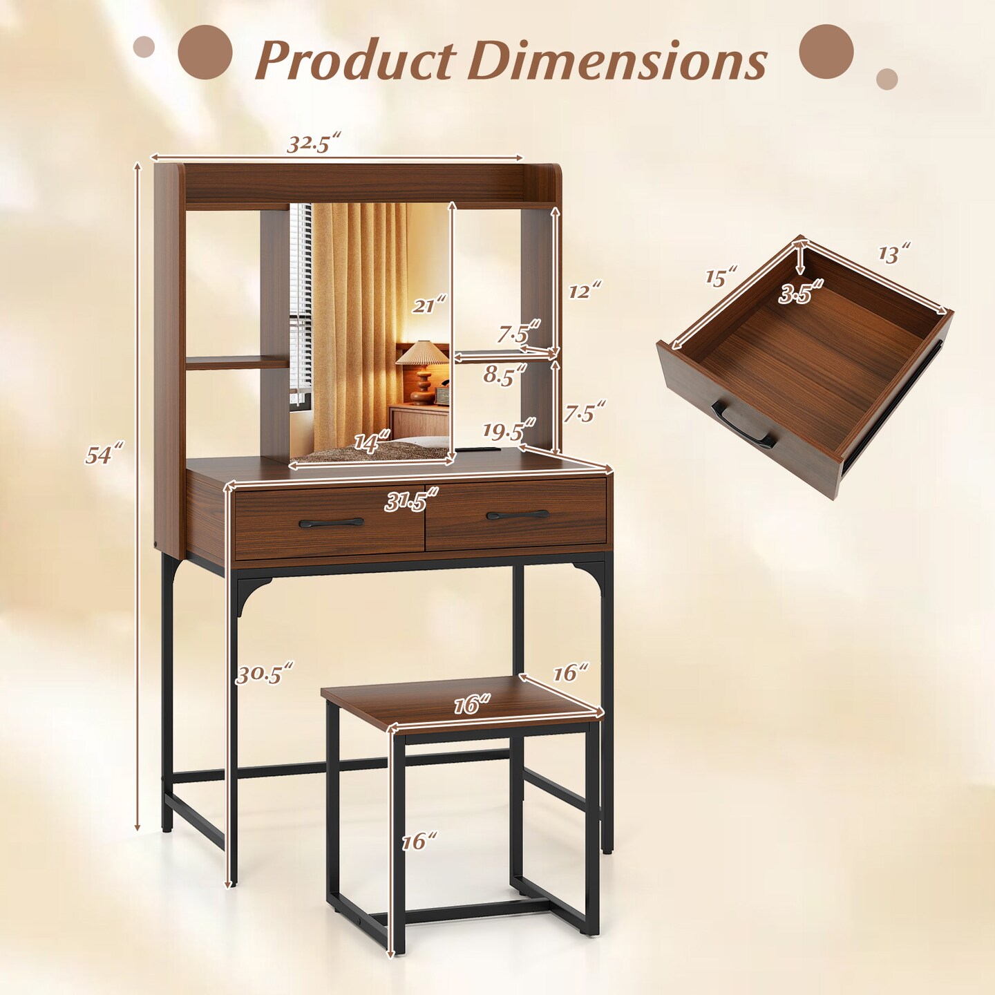 Walnut Vanity Table with Mirror USB Type-C Charging Storage Stool