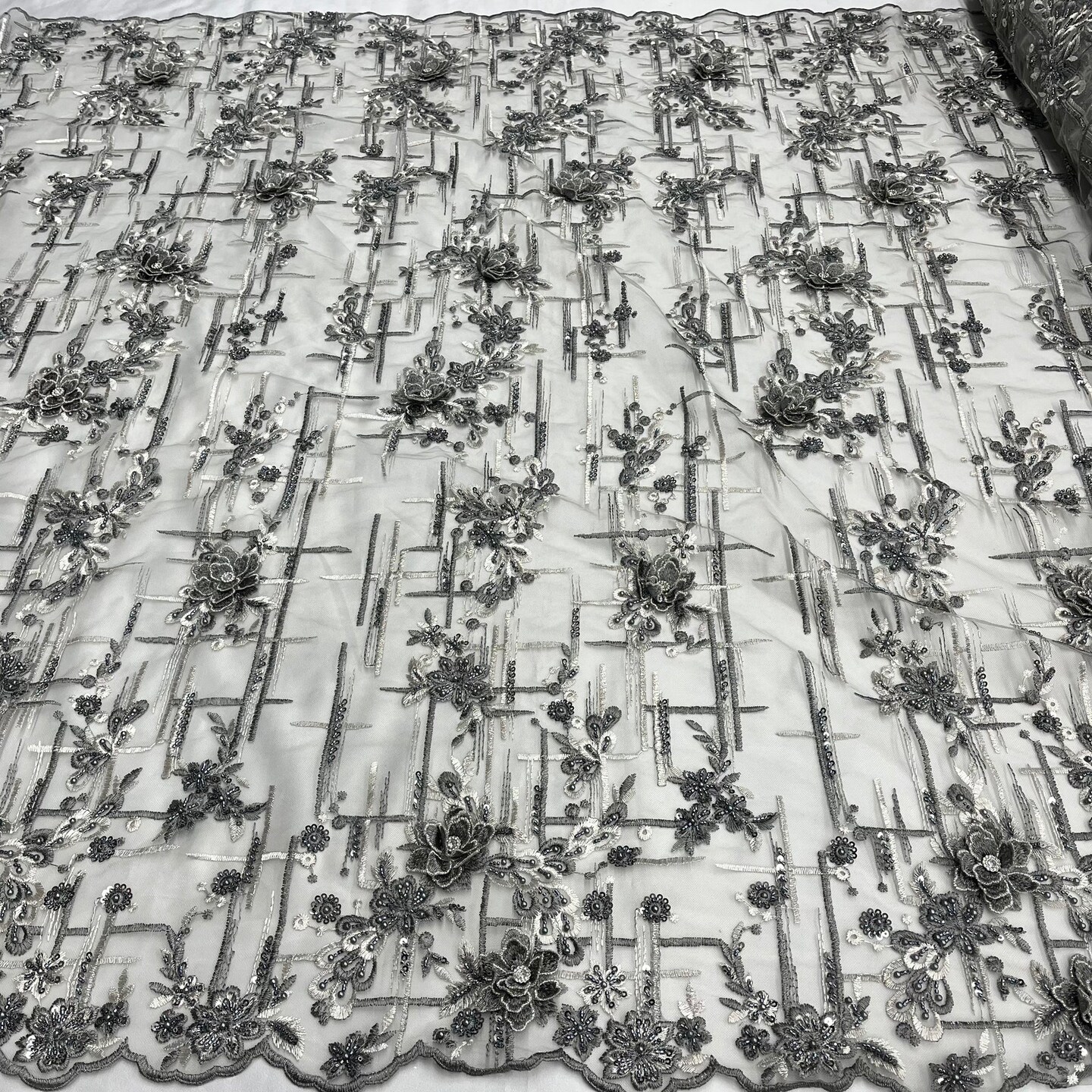 1 Yard Beaded Rhinestone 3D Floral Lace Fabric for Wedding Gowns and Dance Costumes 50" Width