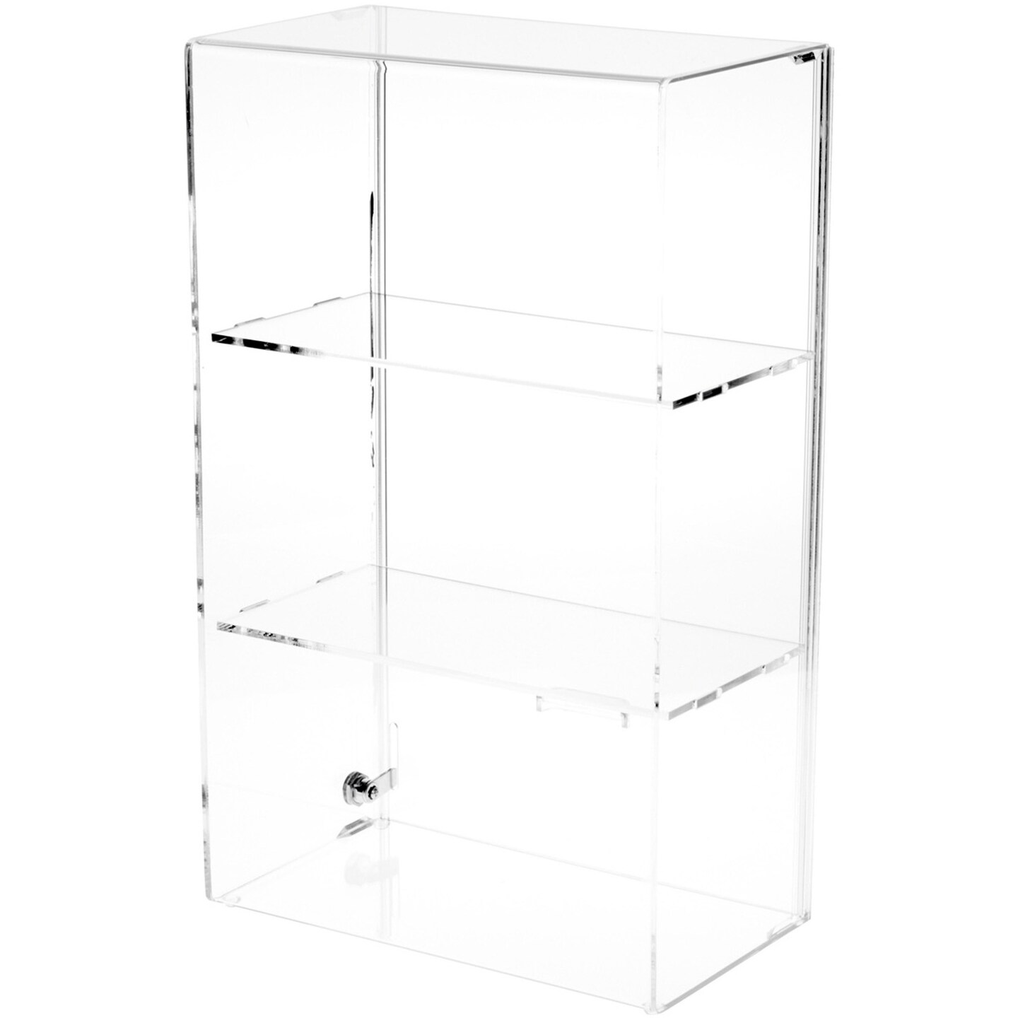 Plymor Clear Acrylic Locking Display Case with Sliding Back, 2 Shelves