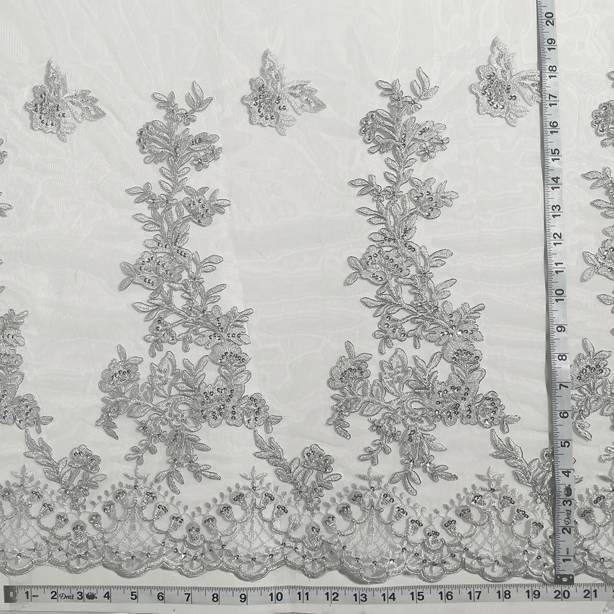 1 Yard 52 Inch Silver Beaded and Corded Bridal Lace Fabric Embroidered on Polyester Net Mesh 52 Inches Width