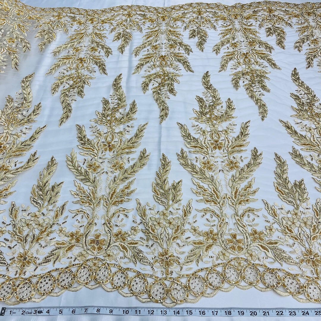 1 Yard Elegant White Beaded & Corded Embroidered Lace Fabric, 51" Wide, Bridal Fabrication for Gowns & Décor