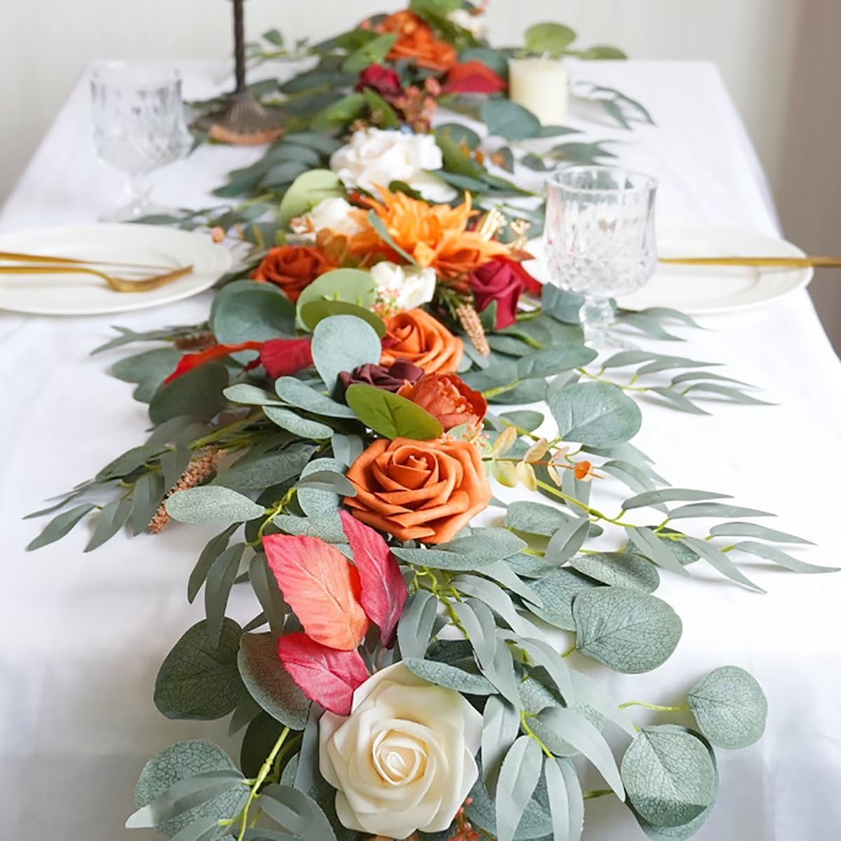 Garland with Flowers, 5.9 ft Artificial Table Runner Decor Burnt Orange Fake Rose Garland for Wedding Centerpieces