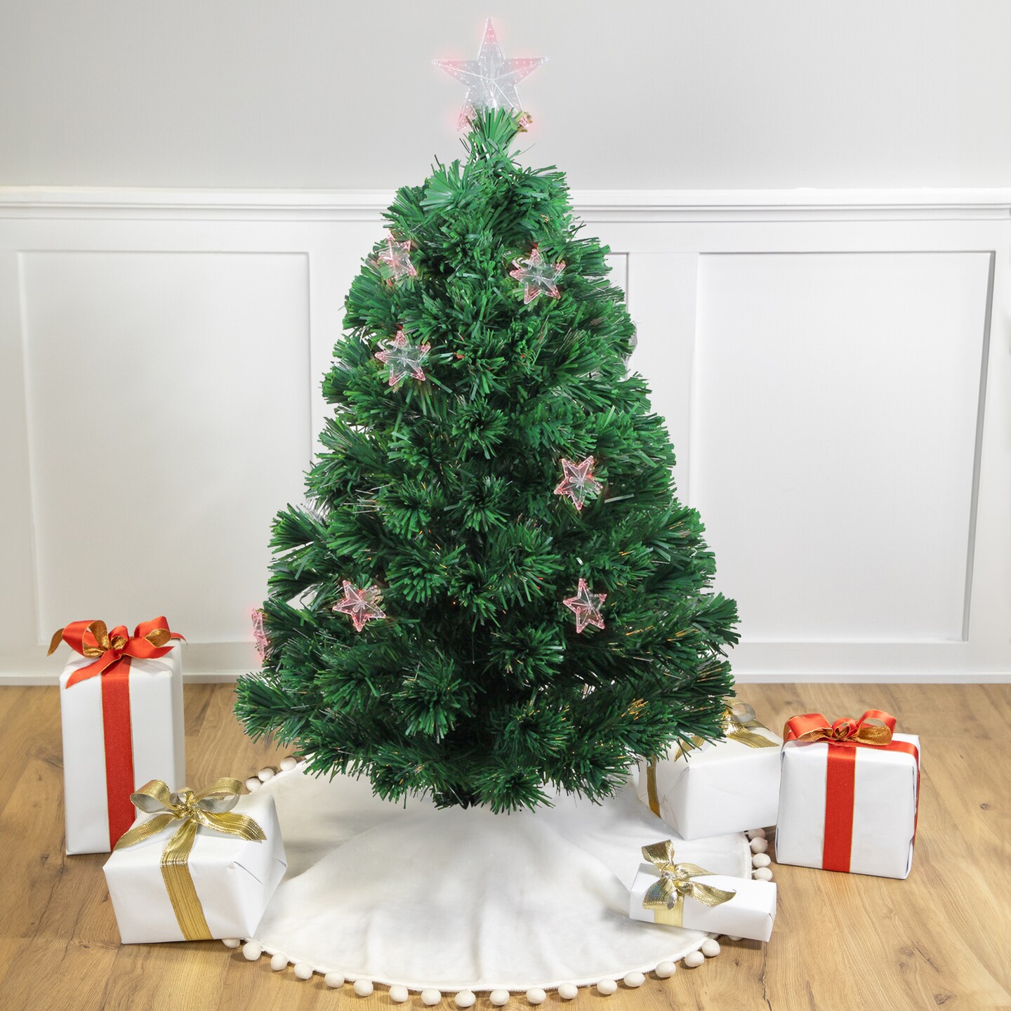 Northlight Pre-Lit Medium Potted Fiber Optic Artificial Christmas Tree with Stars - 4'