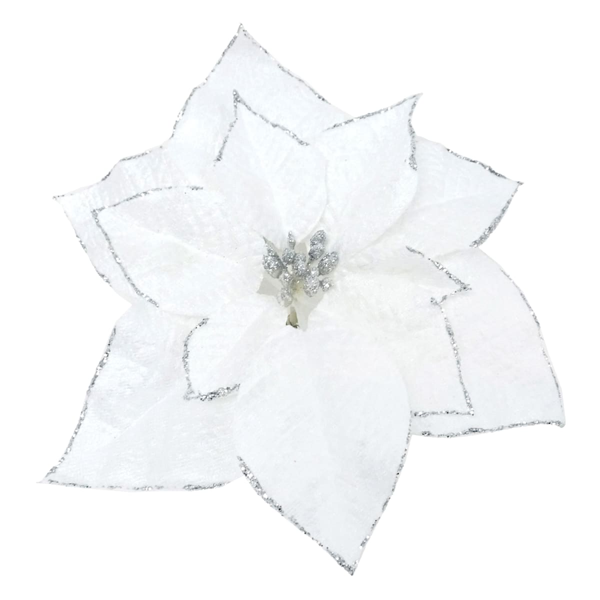 8″ White & Silver Glitter Poinsettia Clip Ornament – Christmas Floral Accent