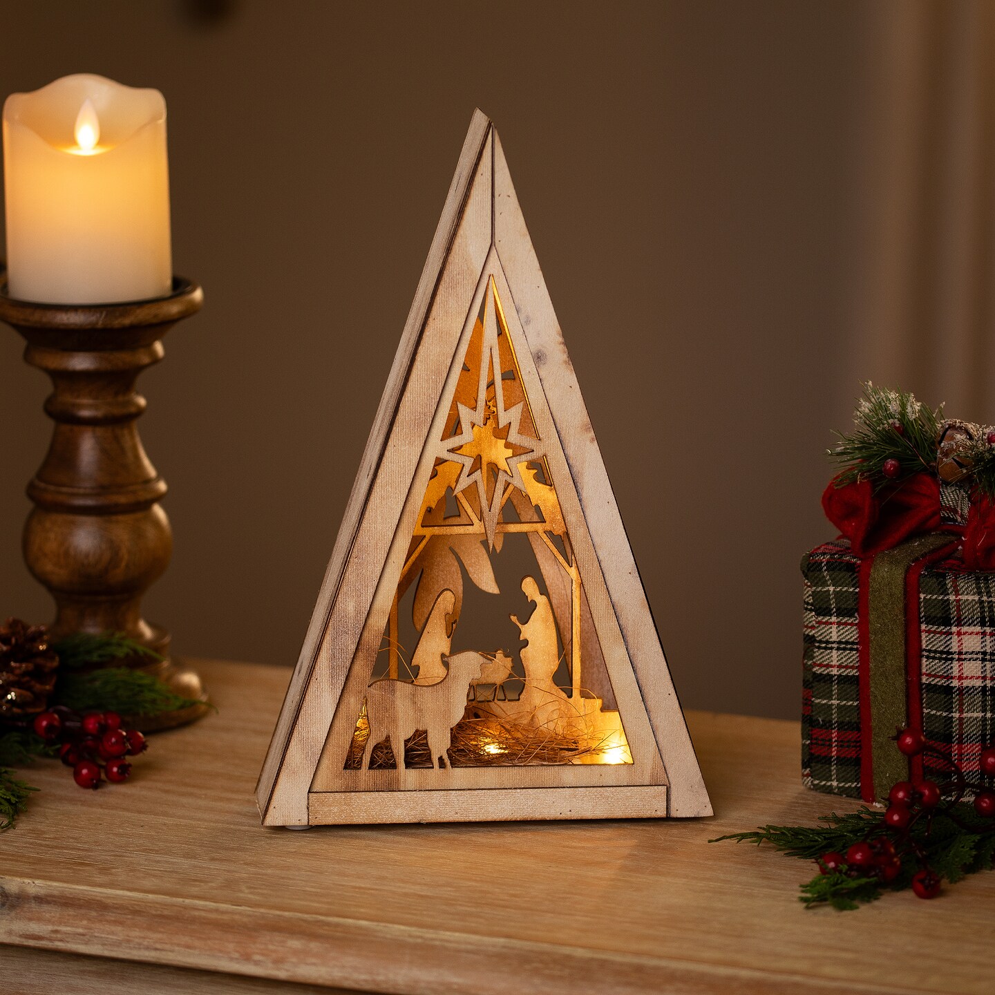 Northlight LED Lighted Holy Family Wooden Christmas Nativity Scene - 12&#x22;