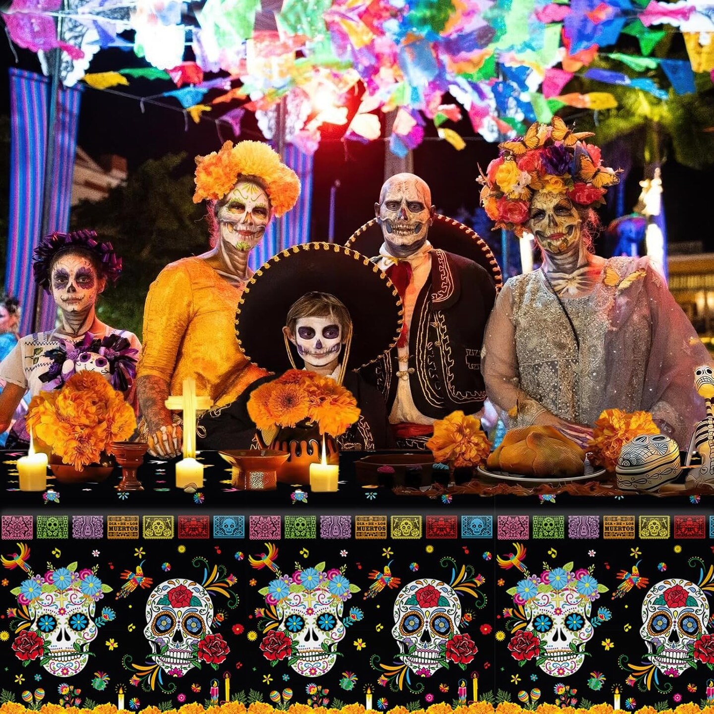 3 Pcs Day of The Dead Plastic Tablecloth (	Black) 108"L x 54"W
