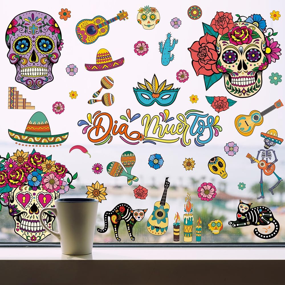 Day of The Dead Window Clings Sugar Skulls (Black, White, Orange, Pink, Purple, and Green)