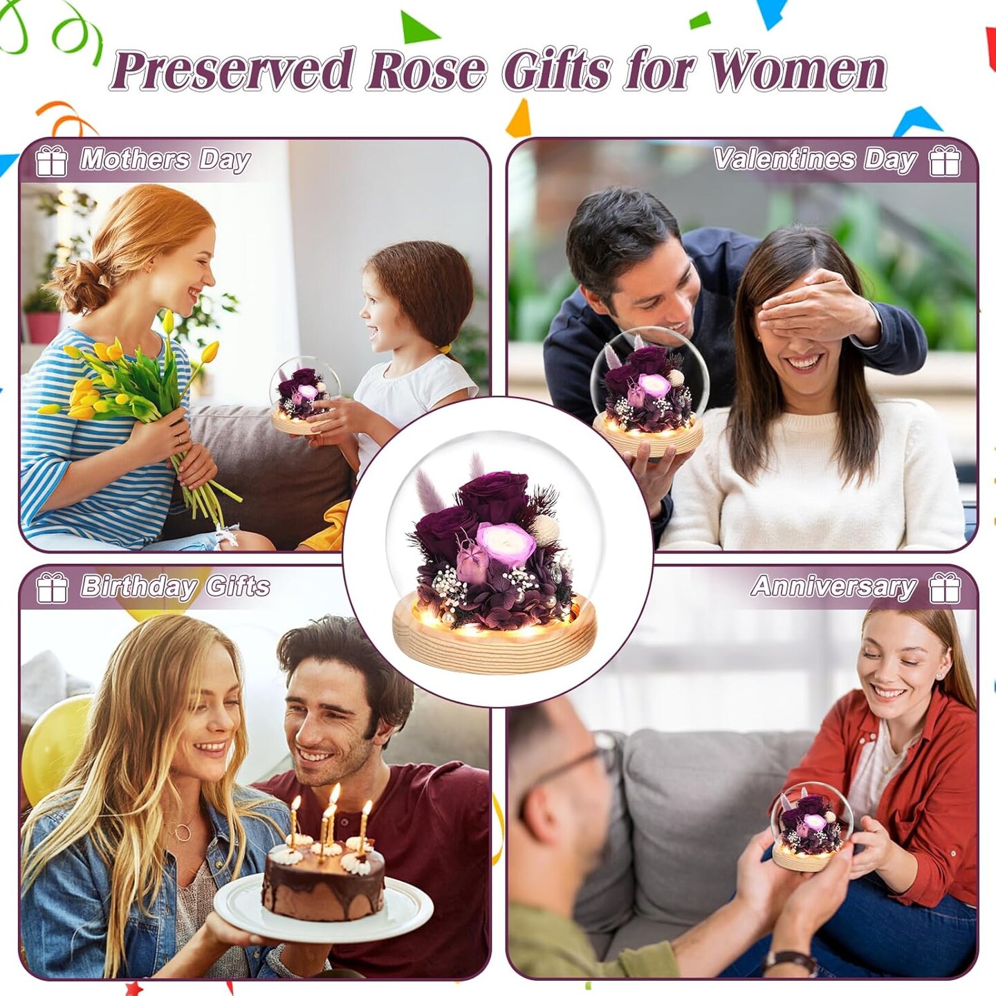 Valentines Gifts for Her, Flowers for Delivery Prime, Preserved Real Rose in Glass Dome with LED Light, Gifts Idea for Women Wife Mom Grandma on Anniversary Birthday Mothers Day