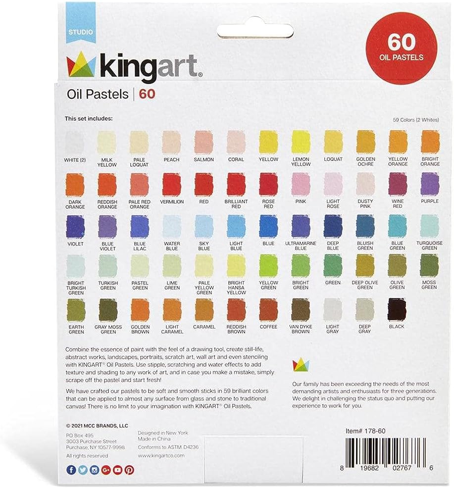 OIL PASTELS, Set of 60 Round Sticks (2.3&#x22; x 0.3&#x22;), Smooth, Vibrant Colors for Paper, Canvas, Wood, Non-Toxic, 60 Colors