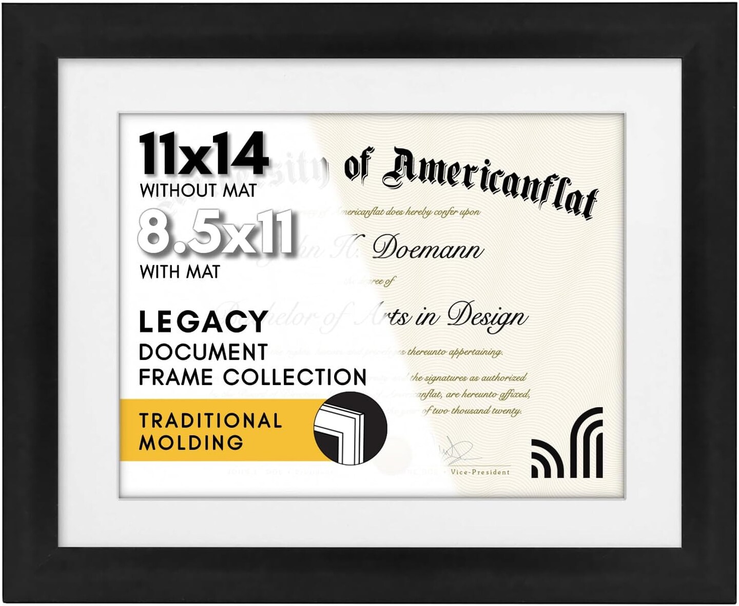 11x14 Diploma Frame with Shatter-Resistant Glass - Use as 8.5x11 Frame with Mat or 11x14 Frame without Mat - Legacy Collection - Thin Picture Frame for Wall Display - Black