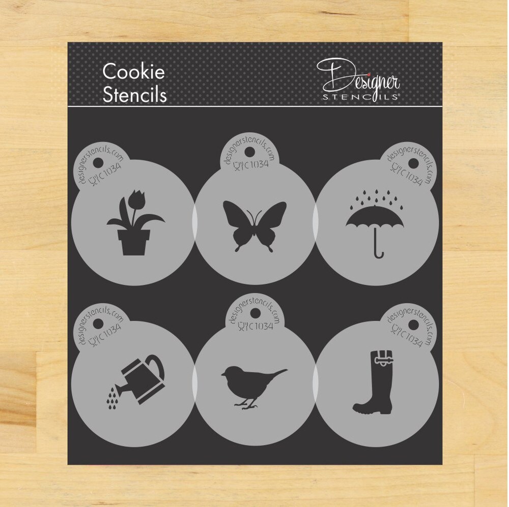 Spring Season Cookie &#x26; Cupcake Top Stencil Set | C1034 by Designer Stencils | Cookie Decorating Tools | Baking Stencils for Royal Icing, Airbrush, Dusting Powder | Reusable Plastic Food Grade Stencil for Cookies | Easy to Use &#x26; Clean Cookie Stencil