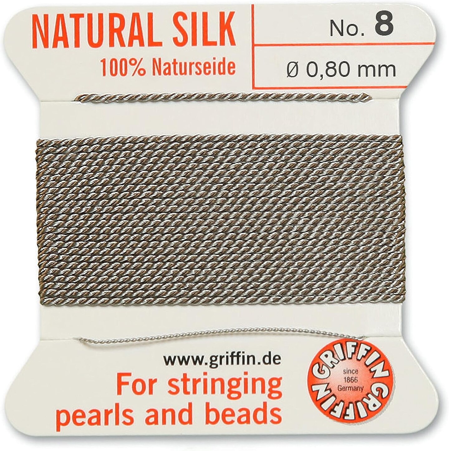 Griffin Silk Bead Cord Perlseide – Size 8 (0.80mm) – 2 Meters per Card – Stainless Steel Needle Attached – for Knotting Pearls, Gemstones, Crystals and Beads