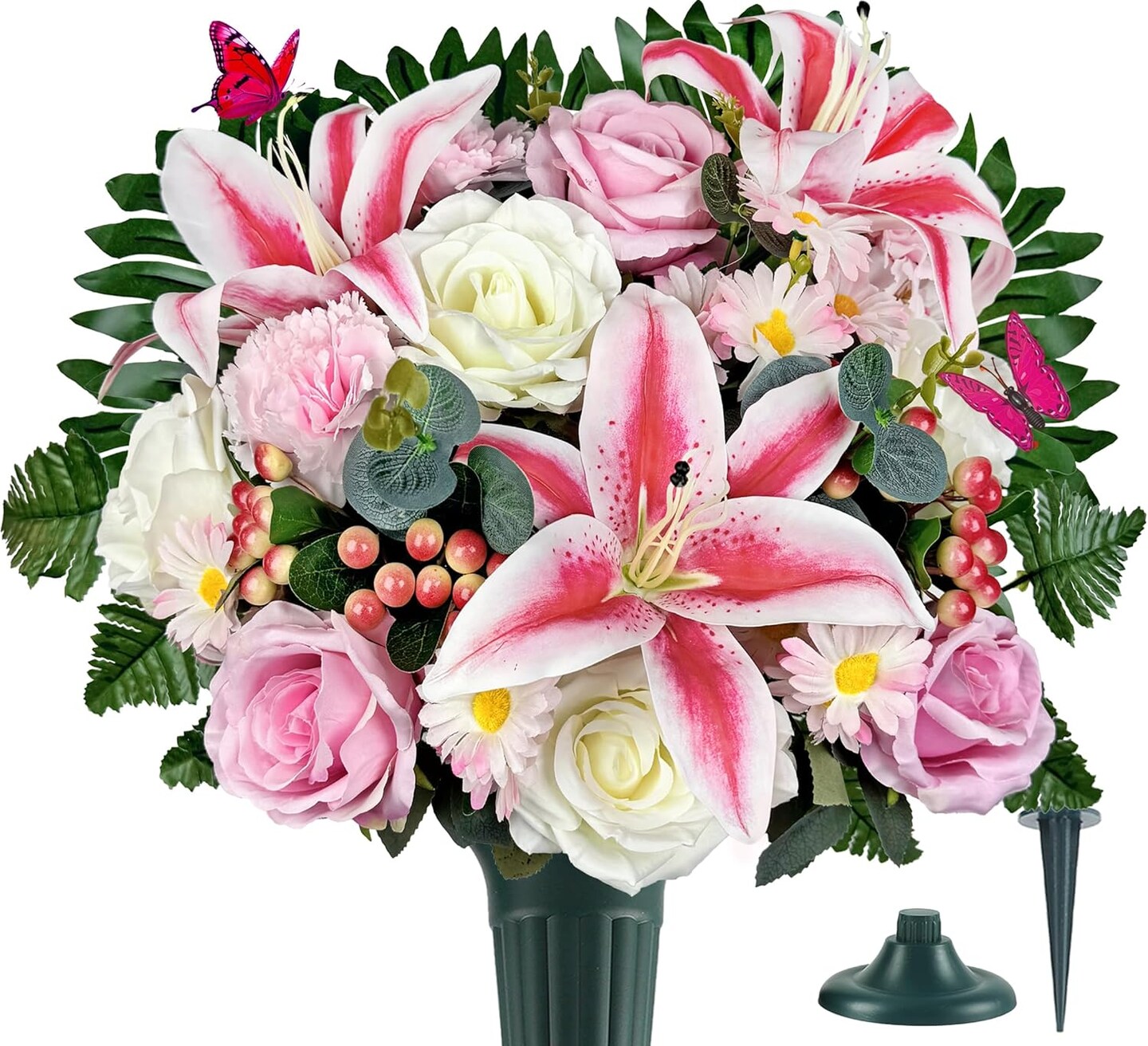 Artificial Cemetery Flowers – Silk Lily, Rose, Daisy & Berry Bouquet for Headstones and Memorial Grave Decorations