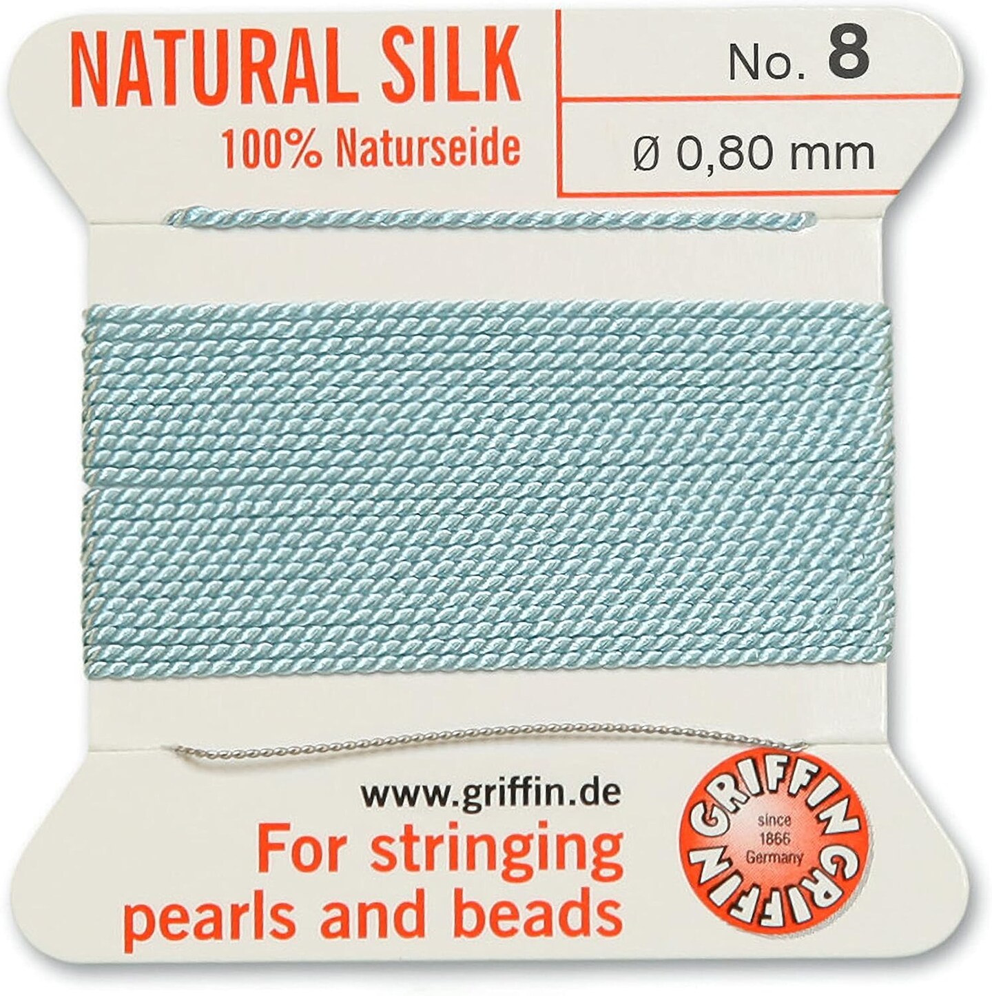 Griffin Silk Bead Cord Perlseide – Size 8 (0.80mm) – 2 Meters per Card – Stainless Steel Needle Attached – for Knotting Pearls, Gemstones, Crystals and Beads