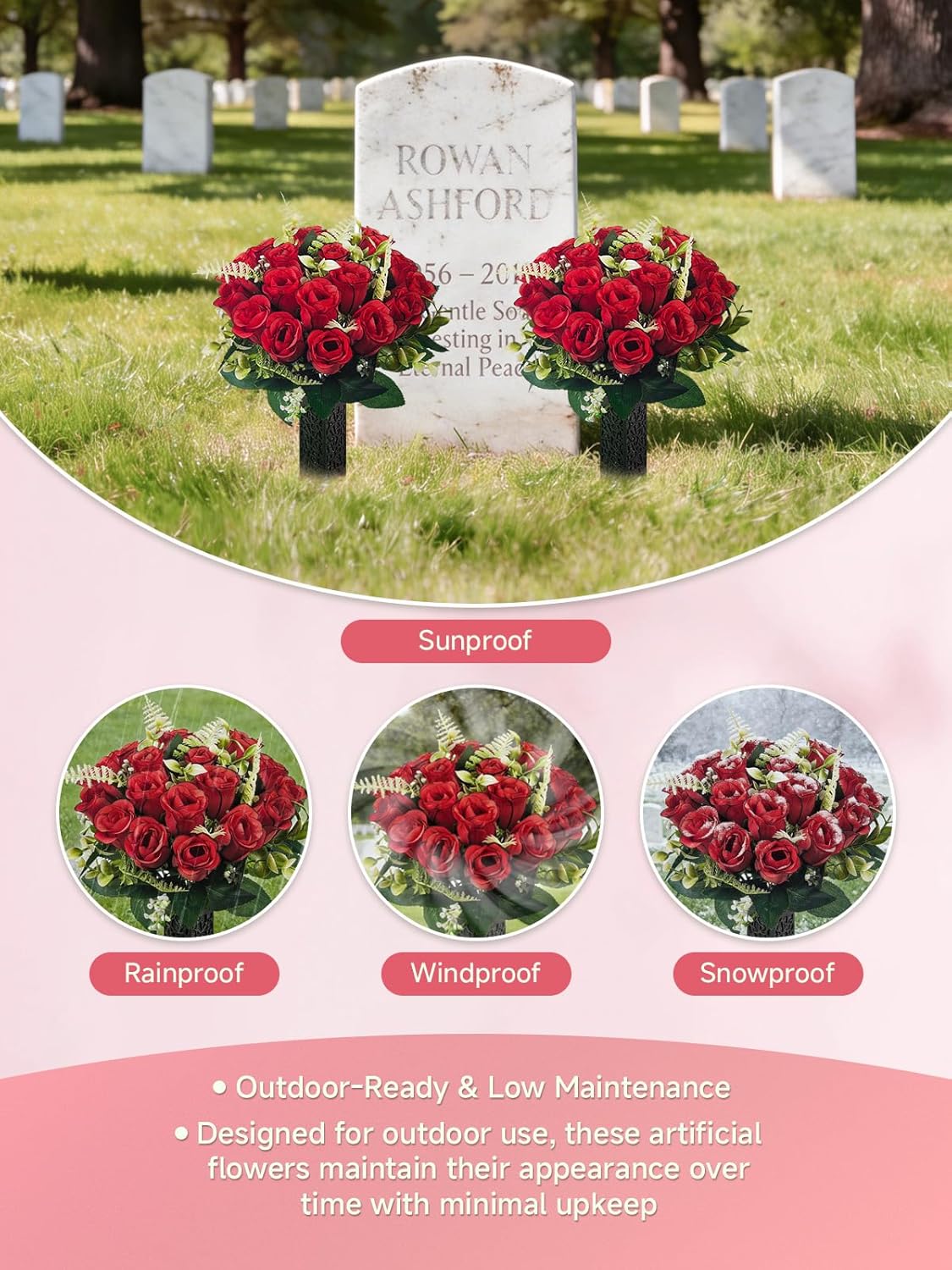 Artificial Cemetery & Memorial Flowers with Spiked Vase – Red Rose Gravesite Bouquet, Wind-Resistant & Non-Bleeding All-Weather Grave Decoration for Headstones (2 Pack)