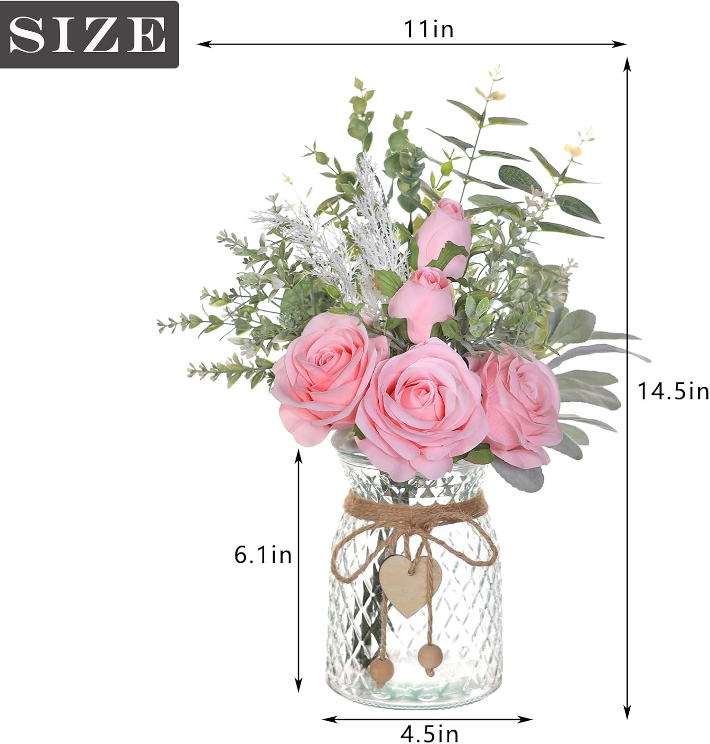 Spring Table Top Decor – Faux Flowers in Vase, Artificial Silk Roses & Eucalyptus Arrangement for Home, Office, Farmhouse, Dining Table & Coffee Table Decorations (Pink)