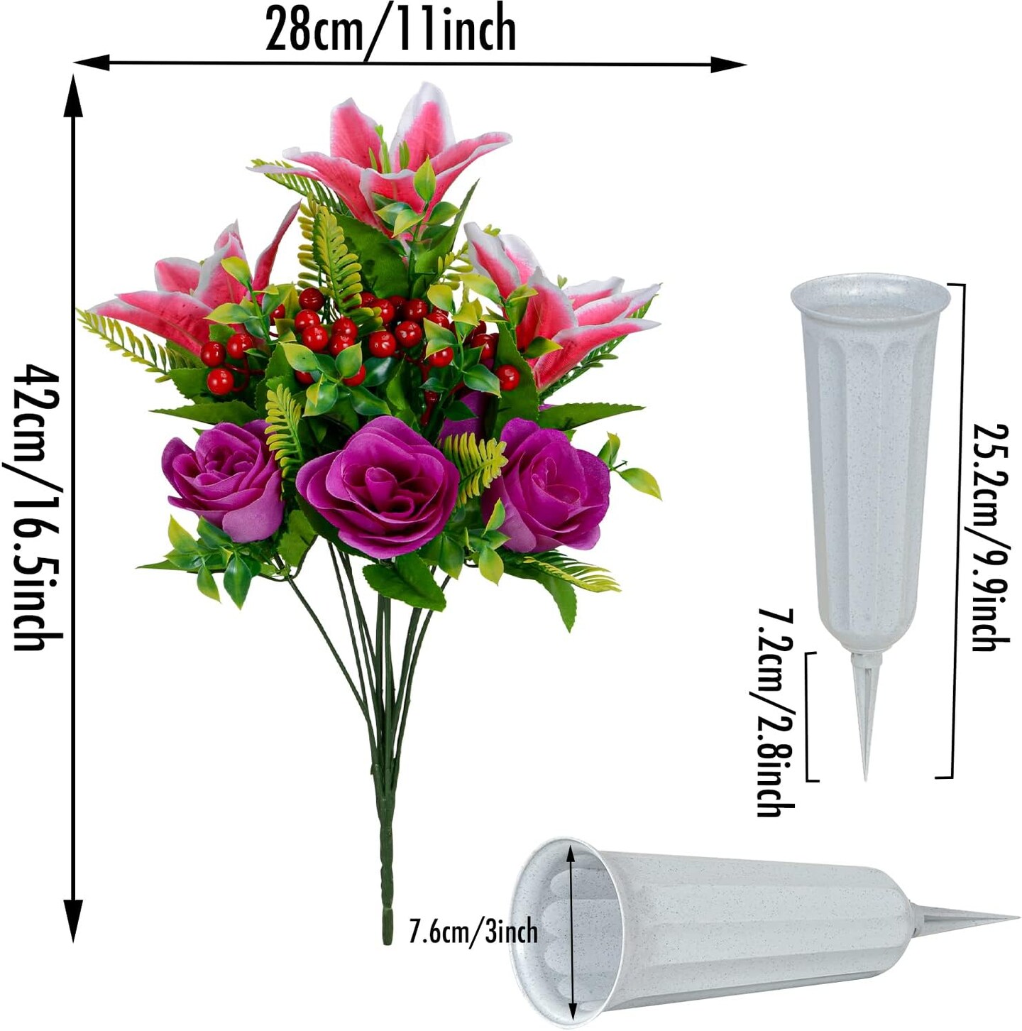 Artificial Cemetery & Memorial Flowers with Vase – Pink Lily & Purple Rose Gravesite Bouquet, Outdoor Headstone Decoration, Long-Lasting Memorial Flowers (2 Sets)