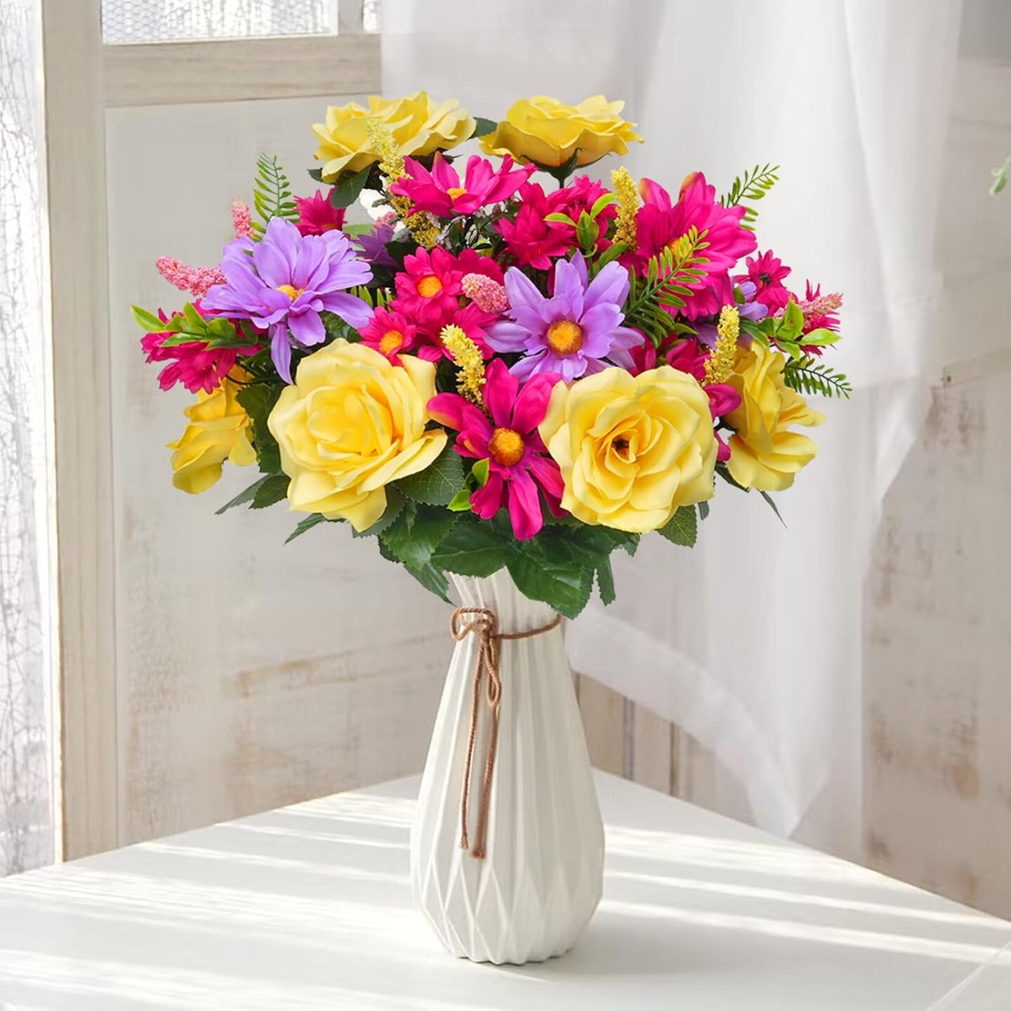 2 Bunches Cemetery Flowers for Grave Vase – 15” Artificial Rose & Daisy Silk Bouquet for Memorial, Summer Decoration, and Table Centerpiece
