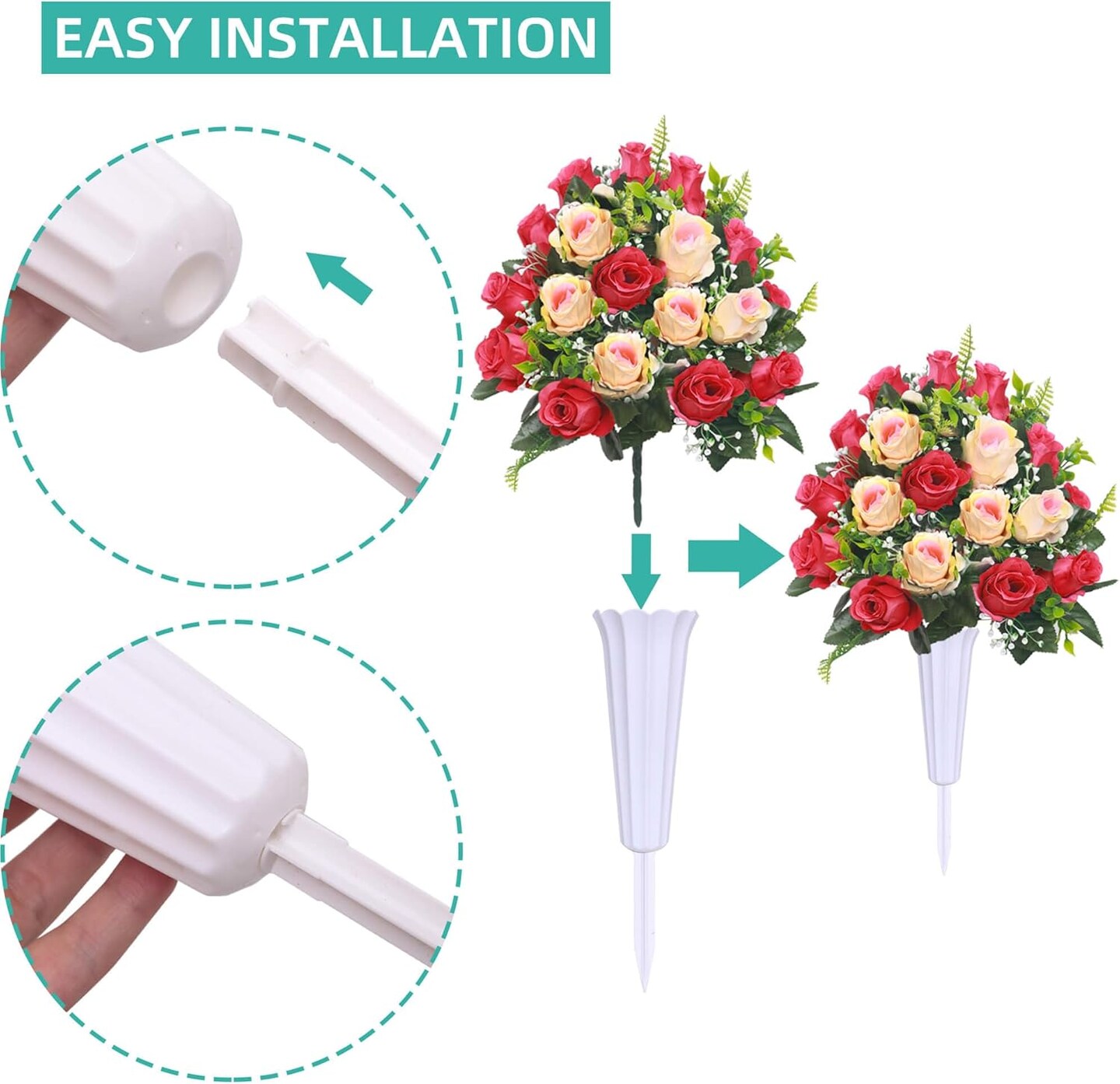 Artificial Cemetery Flowers – 2 Bouquets of Red & Beige Roses with Vases for Grave, Tombstone & Memorial Decorations