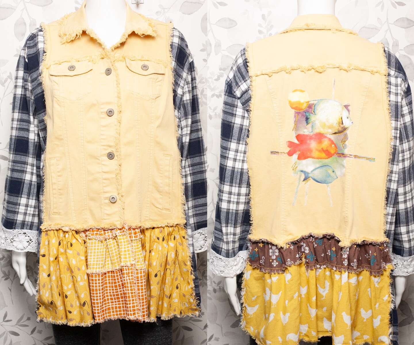 Yellow Fringed Jean Jacket and Flannel Shirt Upcycled Women's Fashion