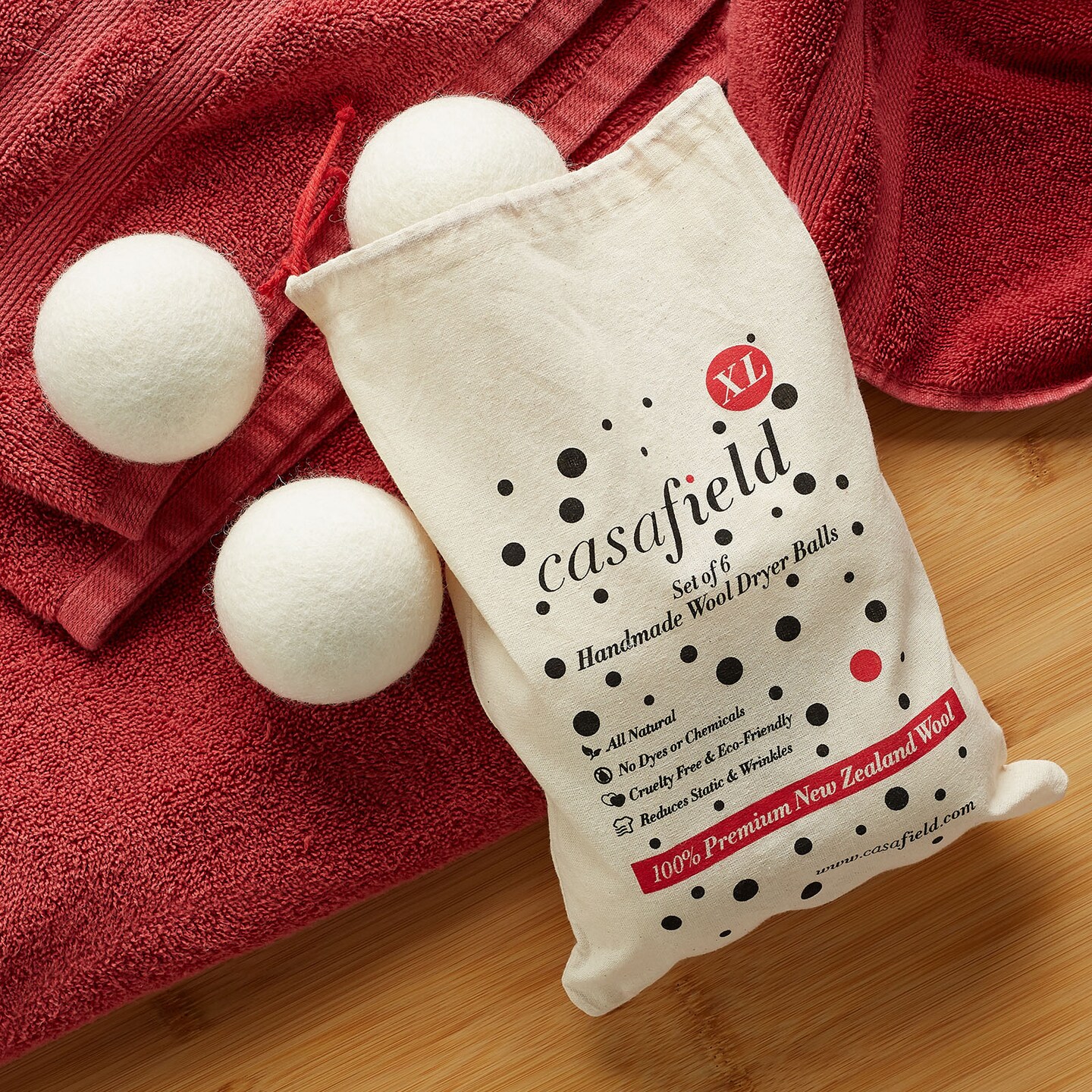 Casafield Wool Dryer Balls Set of 6, Extra Large Organic Handmade 100% New Zealand Wool, Natural Laundry Fabric Softener