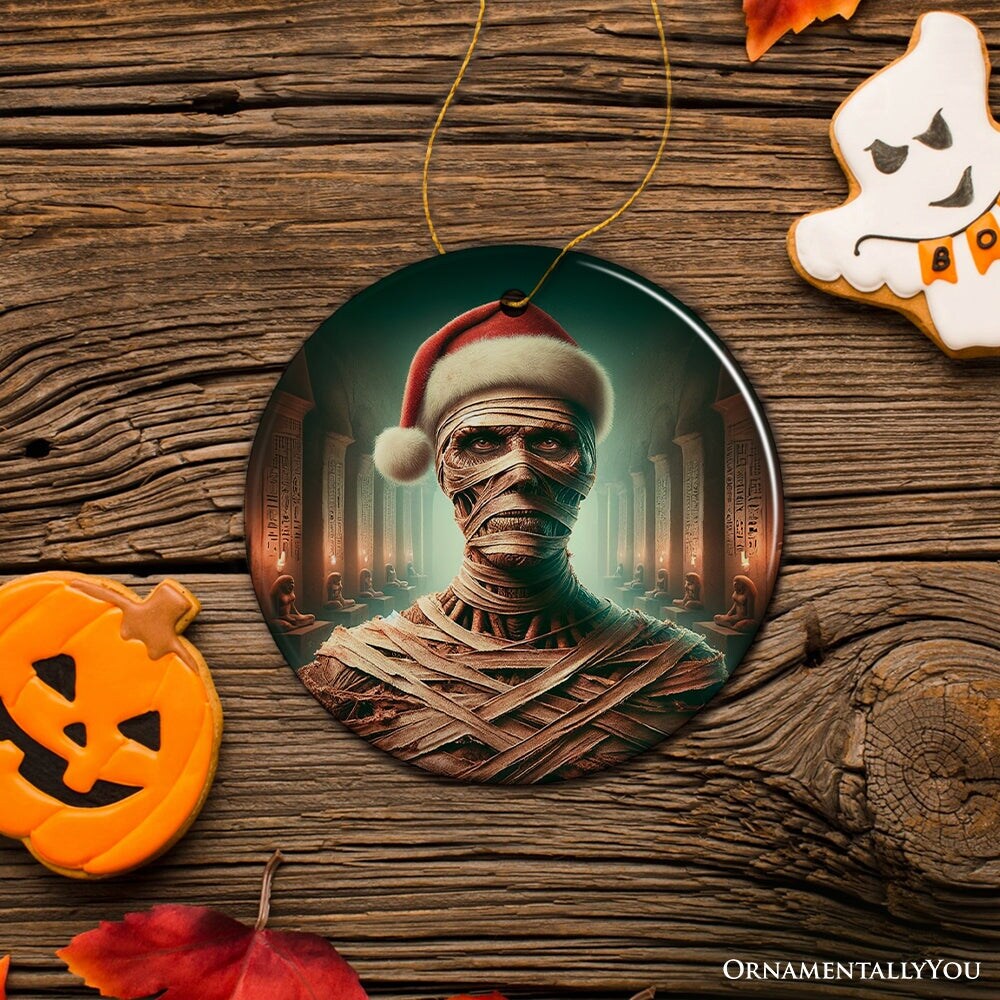 Ancient Mummy with Santa Hat Ornament, Enigmatic Holiday Gift for Horror Enthusiasts