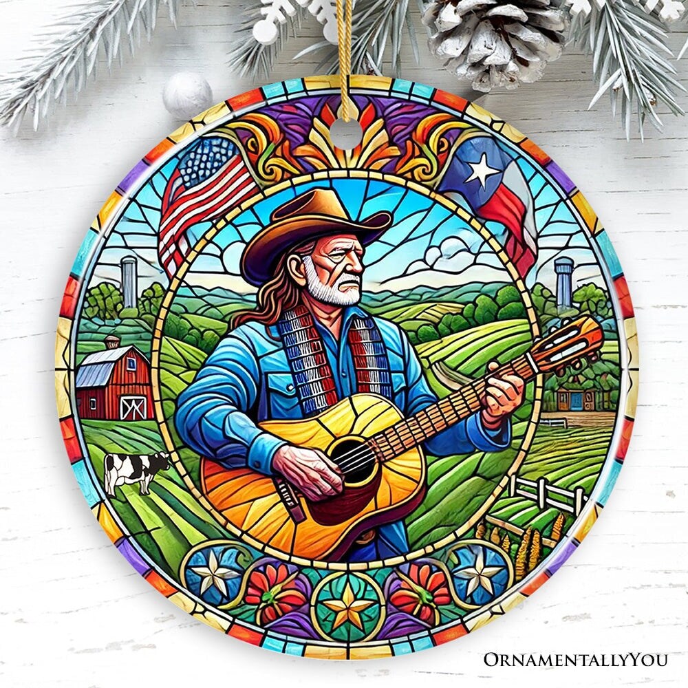 Country Outlaw Texas Melody Ceramic Ornament, Vintage Stained Glass Style Cowboy Music and Guitar Gift