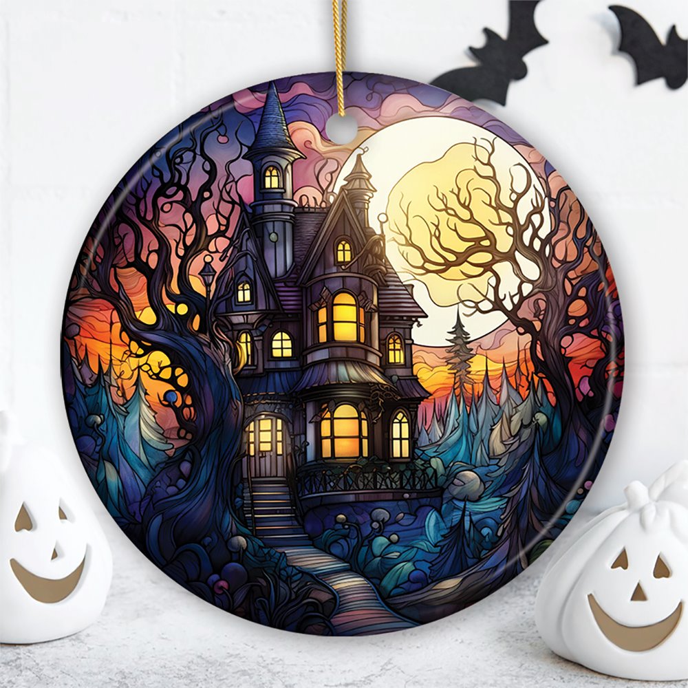 Haunted House Amidst Spooky Woods Stained Glass Style Ceramic Ornament, Halloween Themed Christmas Gift and Decor