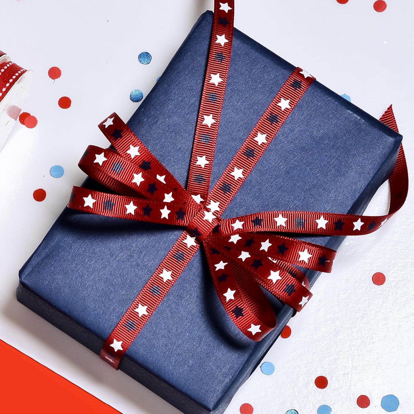 Patriotic Ribbon, Red White Navy Blue Grosgrain Ribbon with Star Printed for Gift Wrapping Crafts Hair Bows, 3/8 Inch by 10 Yards