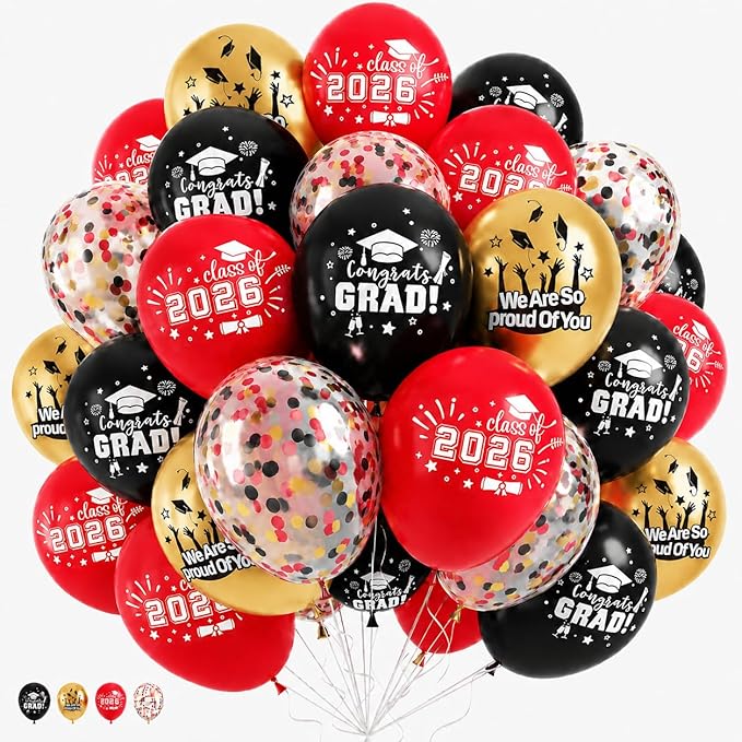 Graduation 2026 Balloons, 12 inch Red Black Gold Graduation Balloons Confetti Balloons for Graduation College High School Class of 2026 Congrats Grad Party Decorations