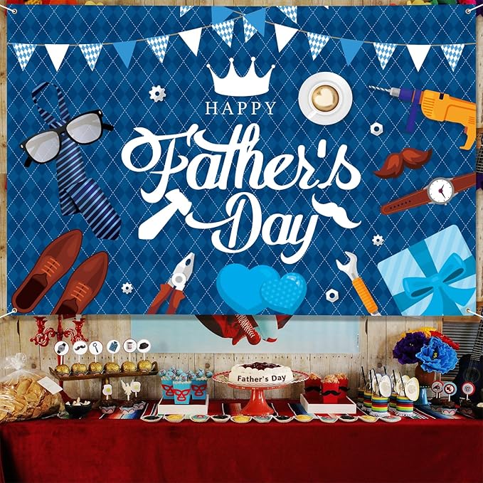 Large Fathers Day Banner Decorations 72" x 48" Happy Father's Day Backdrop Blue Bunting Gift Shoes Party Supplies Gifts Photography Background for Indoor Outdoor Garden,Yard,Home Decor