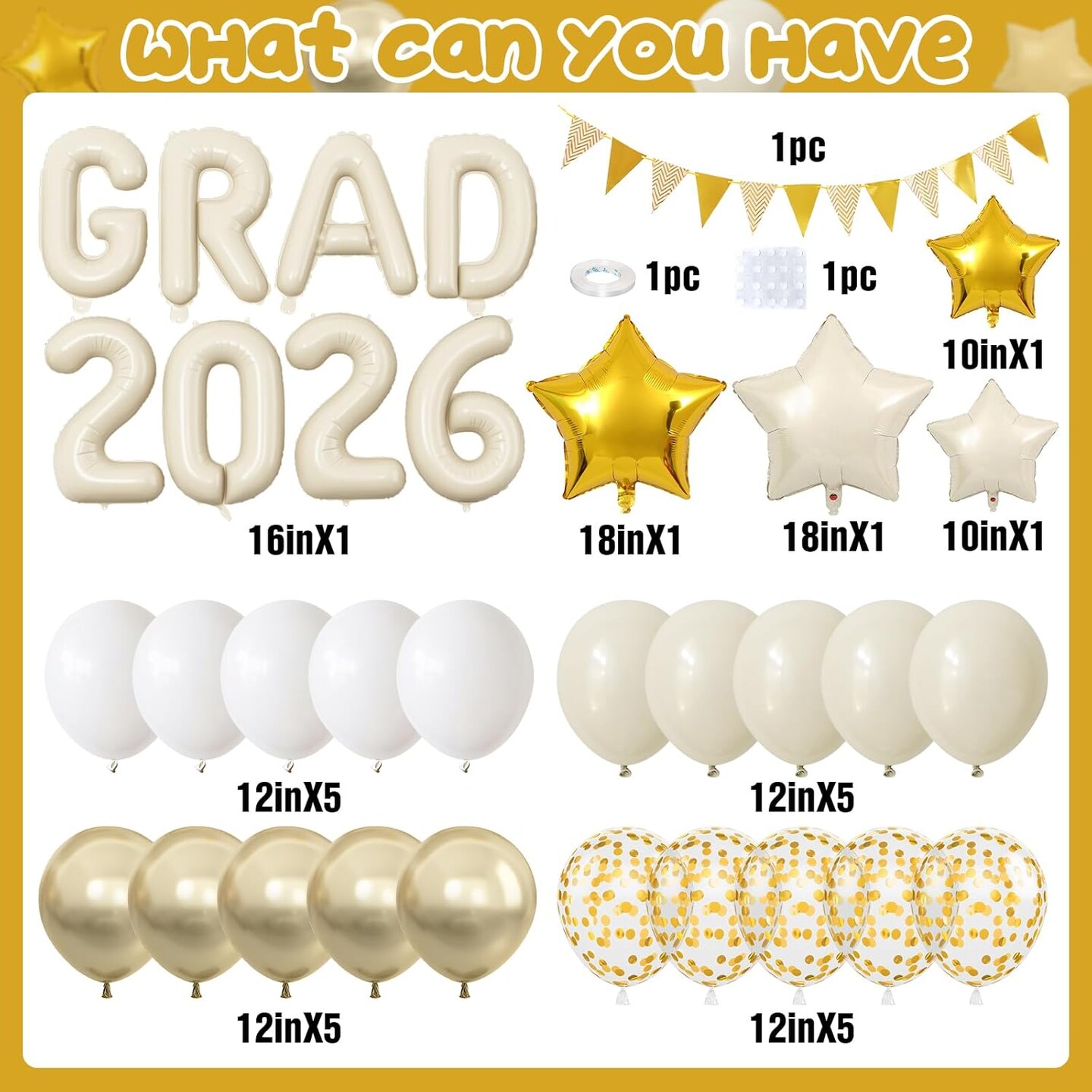 Graduation Decorations 2026 White Gold, GRAD 2026 Foil Balloons Banner with Nude White Gold Confetti Balloon Star Balloon Pennant Banner for Class of 2026 Graduation High School College Party Supplies