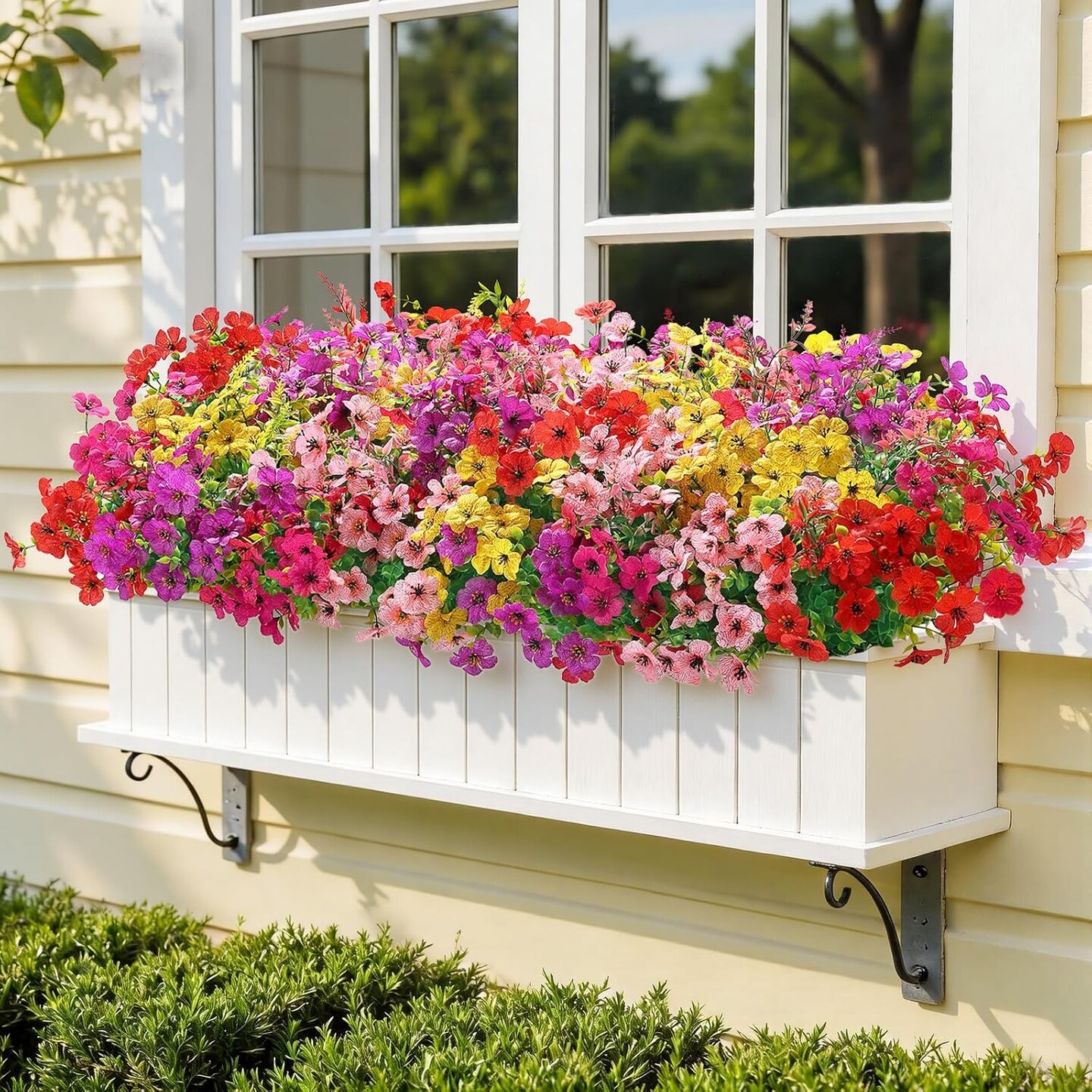 24 Bundles Artificial Flowers for Outdoors Decoration, Faux Plants Fake Silk Colorful Daisy Eucalyptus Lavender, UV Resistant for Outside Home Porch Patio Indoor Spring Decor, Mix 5 Colors