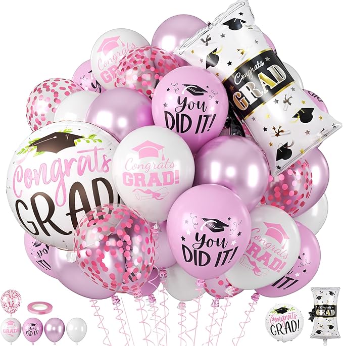 Pink Graduation Balloons, Grad Round Foil Balloons, Metallic Confetti Pink White Balloon for Congrats Graduation Party Decorations Backdrop