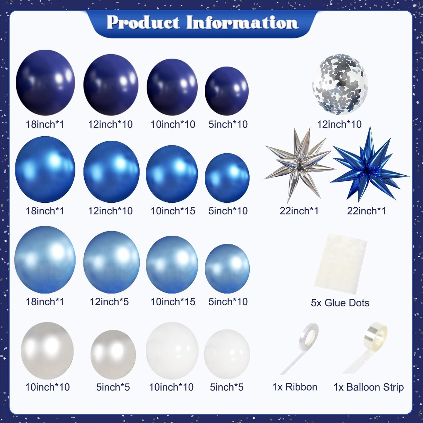 140PCS Blue White Silver Balloon Garland Arch Kit – Navy Metallic Blue, Silver & Confetti Balloons with Star Foils for Birthday, Wedding, Graduation, Bridal Shower & Party Decorations
