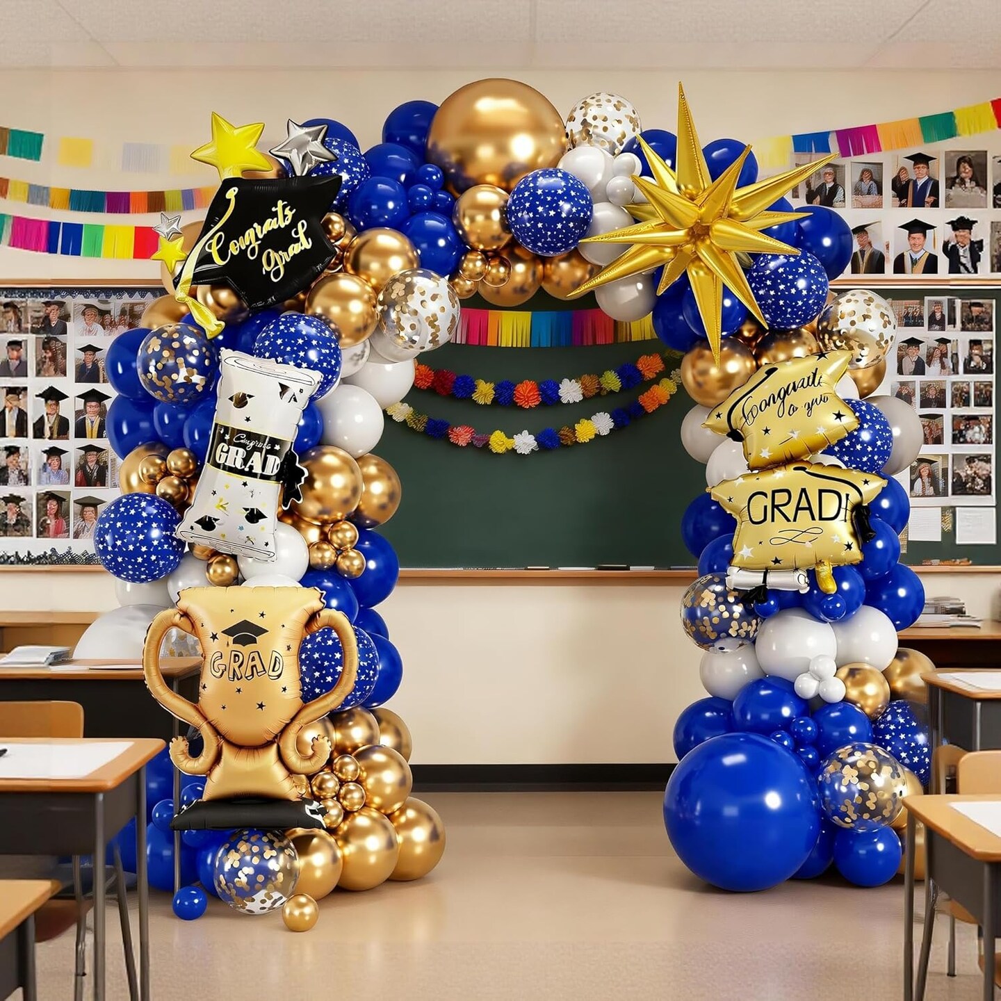123Pcs Royal Blue and Gold Graduation Balloon Arch Kit 2026 - Navy White Latex Garland with Explosion Star, Trophy, Diploma & Grad Hat Foil Balloons - Class of 2026 Party Decorations