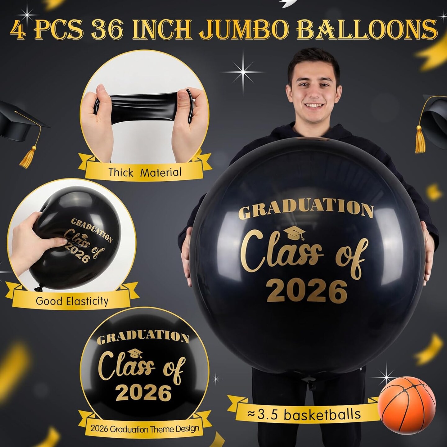 4-Pack 36-Inch Extra Large Graduation Balloons – Class of 2026 Jumbo Latex Congrats Grad Balloons for High School, College, and University Graduation Party Decorations
