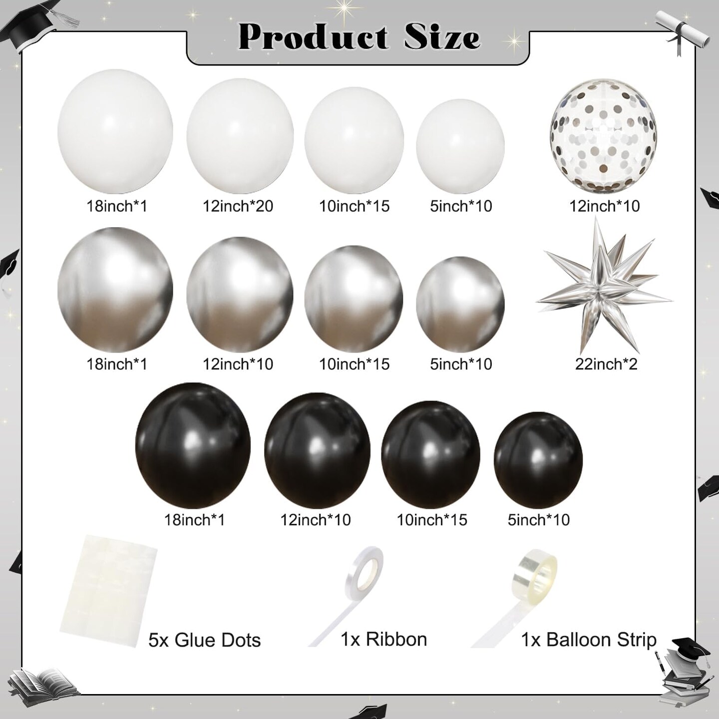 130Pcs Black and Silver Graduation Balloon Arch Kit - Black, Silver & White Latex Garland with Giant 22" Foil Star & Confetti Balloons - Class of 2026 Party Decorations for College and High School
