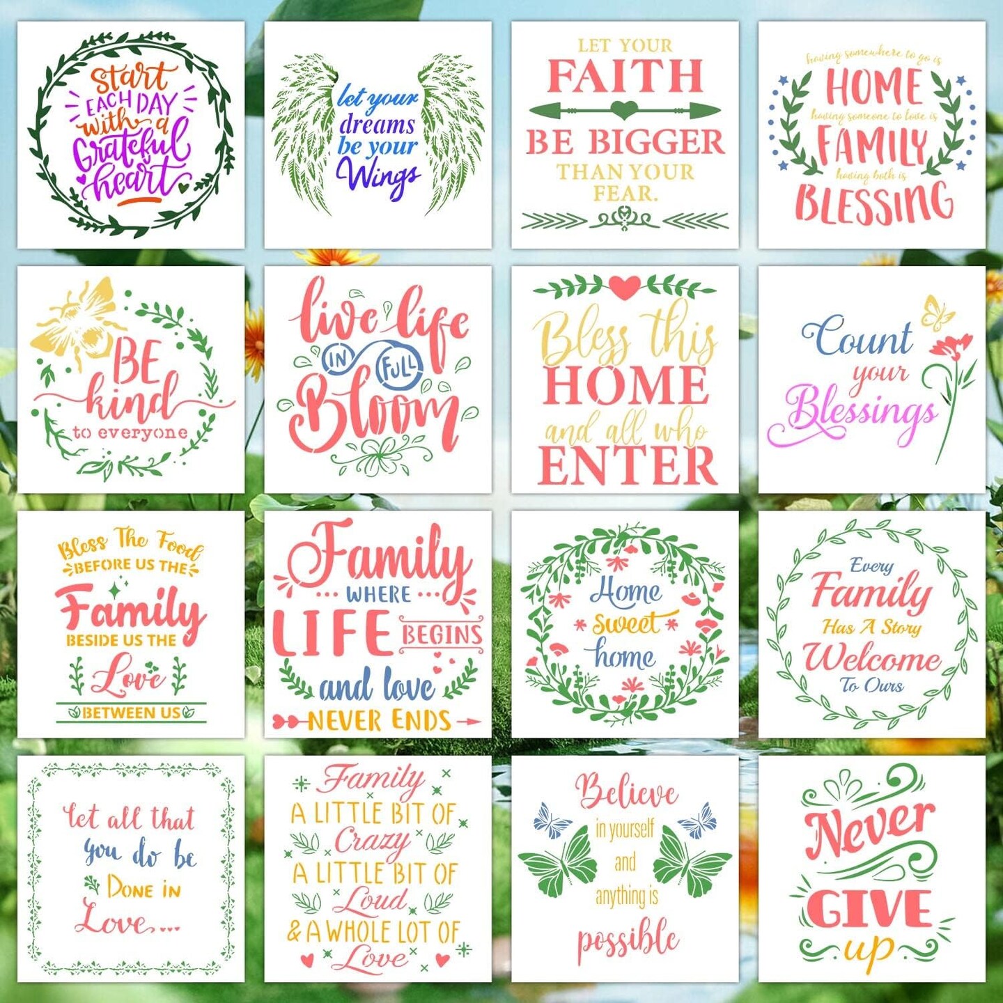 16 PCS Inspirational Word Stencils for Painting – Large Reusable Motivational Quote Templates for Wood Signs, Porch, Front Door, Wall Art & DIY Home Decor (11.8 x 11.8 Inch)