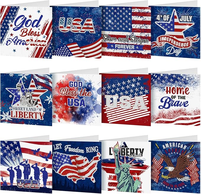 12 Pack 4th of July Diamond Painting Greeting Card Kits Patriotic Diamond Art Cards with Envelopes Memorial Day Red White Blue 5D Rhinestones Painting Making Kits for Adults DIY Craft Gifts