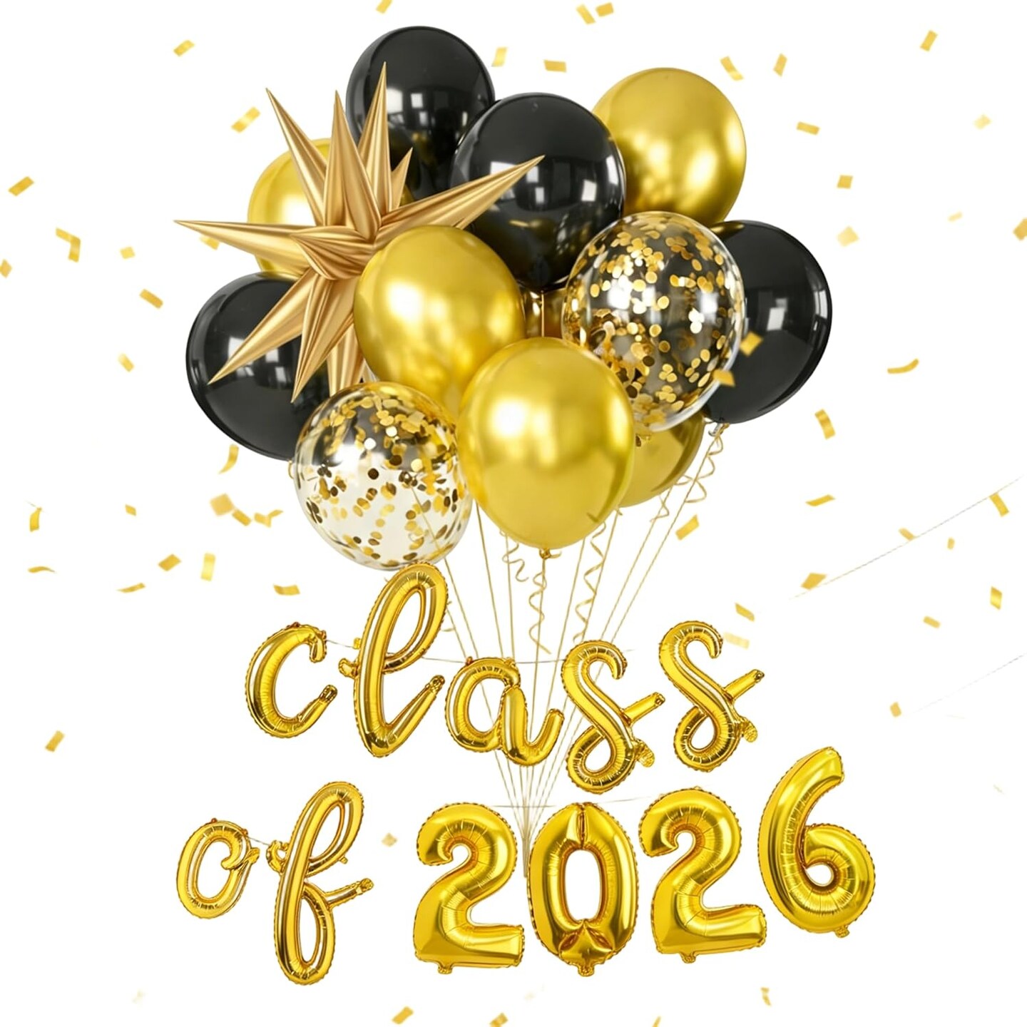 Class of 2026 Graduation Balloons Set - 12 Inch Black & Gold 2026 Letter Balloons - Foil "CLASS OF 2026" Sign with Starburst & Latex Balloons for High School, College, and Master’s Party Supplies