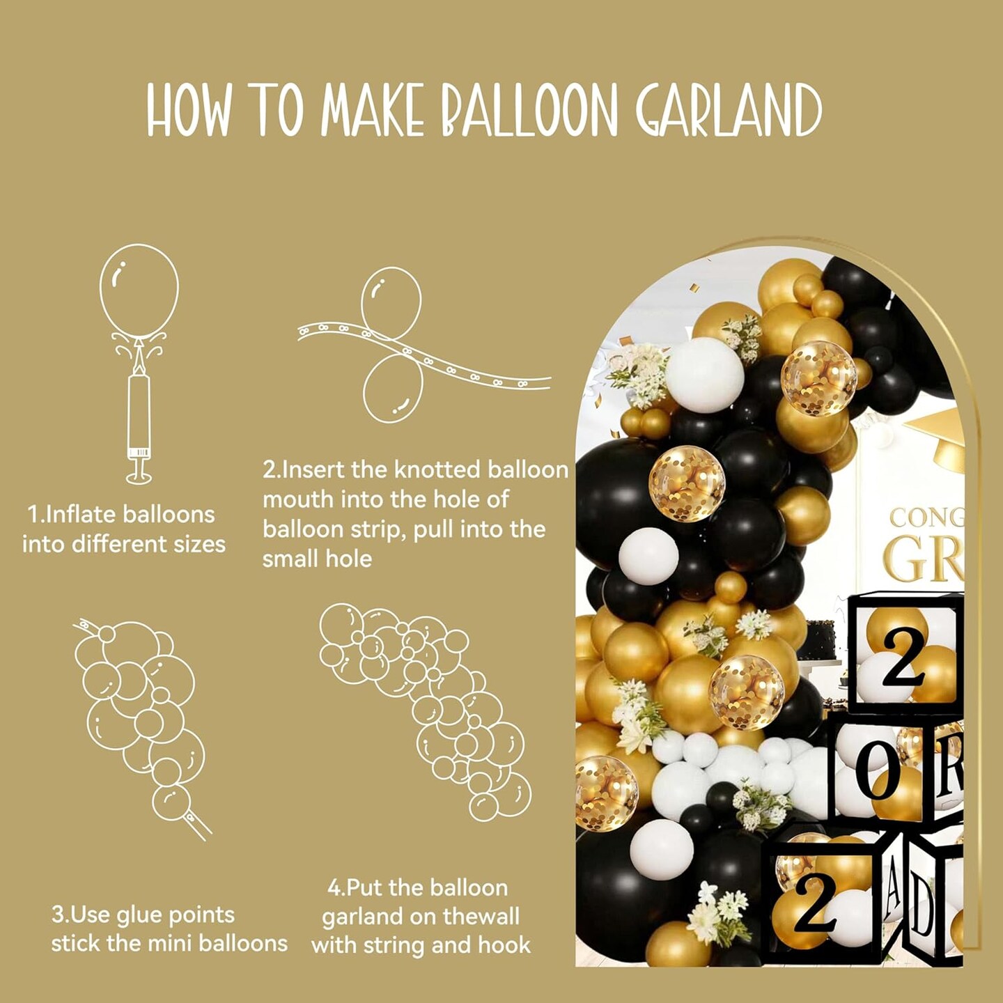 Class of 2026 Graduation Decorations – Black & Gold Balloon Boxes with 100-Piece Balloon Garland Kit, GRAD & So Proud of You Cutouts, High School & College Graduation Party Supplies Photo Backdrop