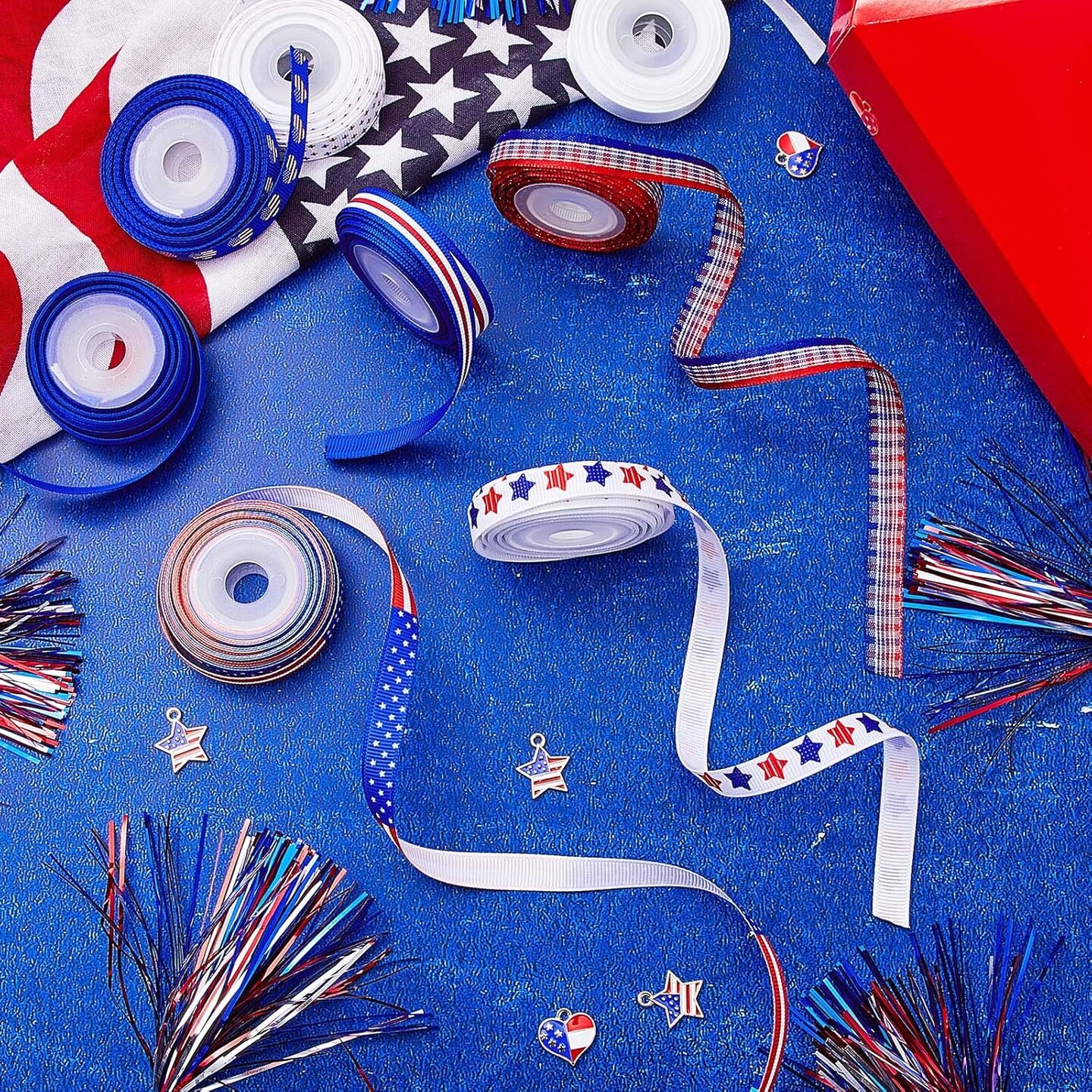 12 Rolls 4th of July Patriotic Grosgrain Ribbon Set – 60 Yards Red White & Blue Craft Ribbon (12 Styles) for Gift Wrapping, DIY Crafts, Hair Bows, Wreath Making & Decorations