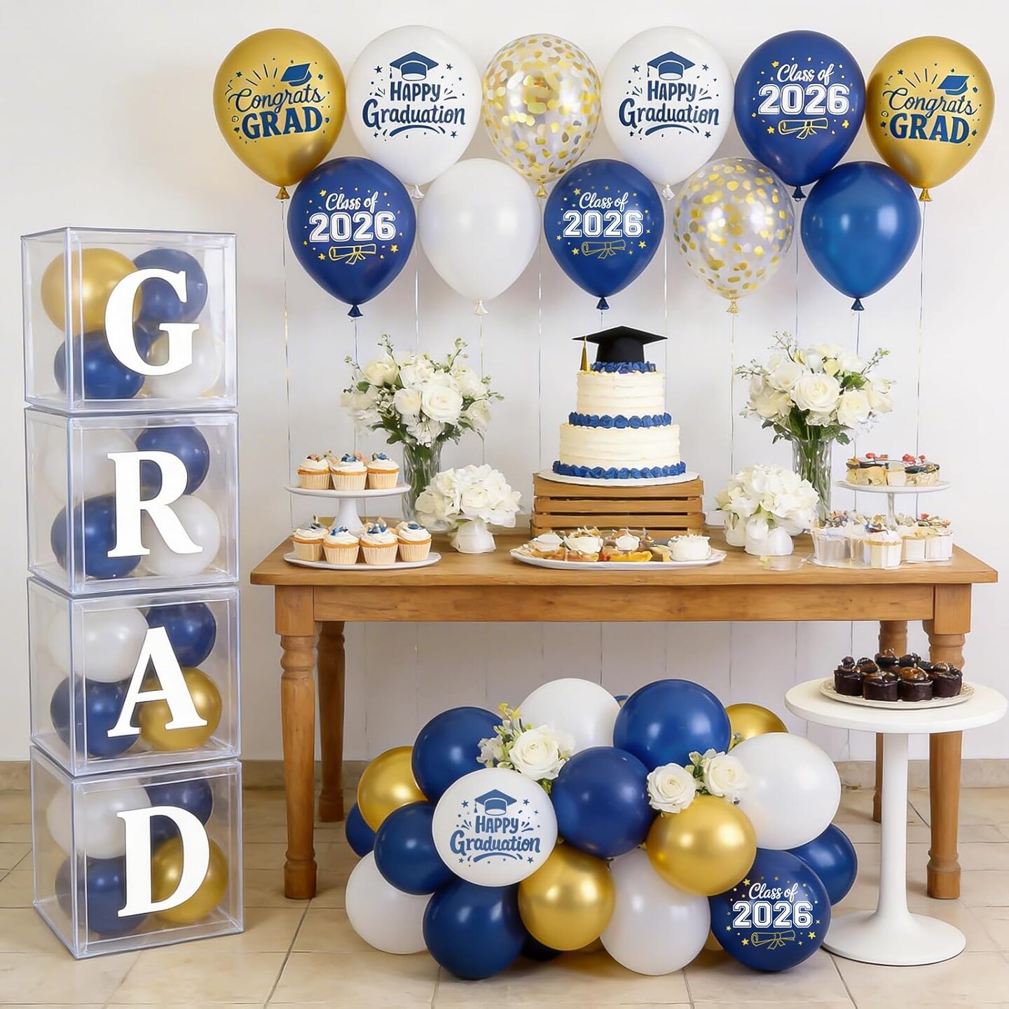 Navy Blue and Gold GRAD 2026 Graduation Balloons, Navy Blue Congrats GRAD Class of 2026 Printed Balloons Graduation Celebration Party Supplies Decorations