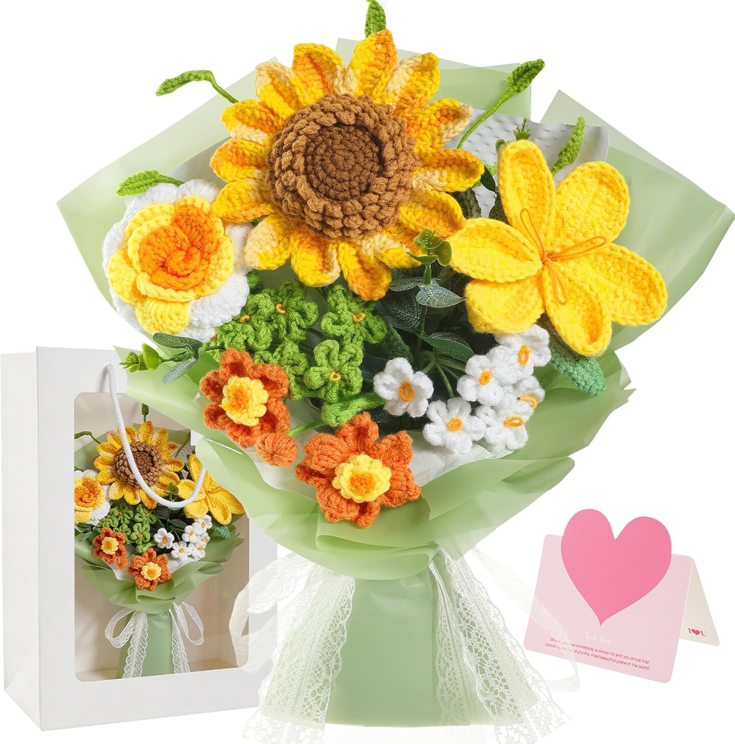 Handmade Crochet Flower Bouquet – Knitted Sunflower & Mixed Floral