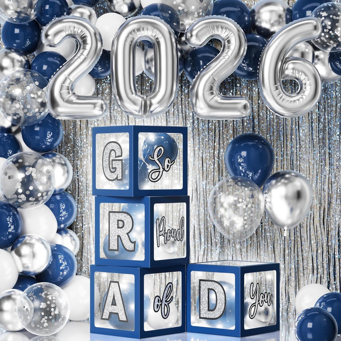 Graduation Party Decoration Class of 2026, 86PCS Blue & Silver Graduation Party Supplies High School College Grad Balloon Boxes with Letter, Foil Curtain, LED String Light, Balloon Garland Kit