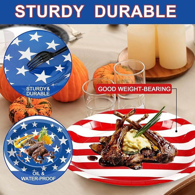 Patriotic Oval Paper Plates (Large 11 Inch, 50 Pcs) – Heavy Duty Disposable 4th of July American Flag Plates, Red White and Blue Serving Platters for Independence Day BBQ, Memorial Day Supplies