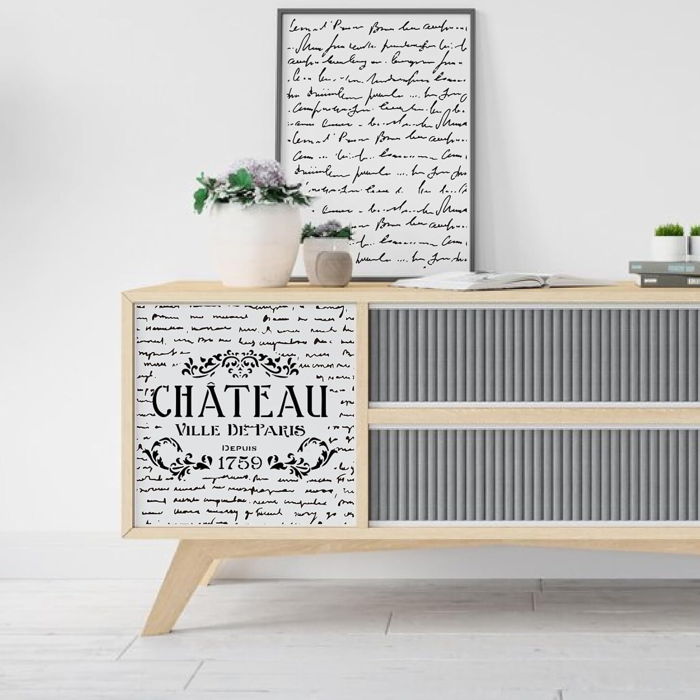 Script Stencils Reusable French Writing Stencils for Painting on Wood Furniture DIY Crafts Canvas Paper Fabric Wall Home Decoration (6pcs Script)